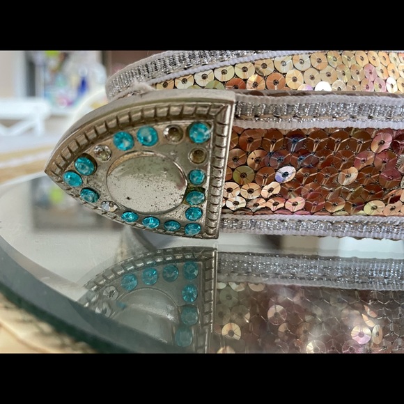 Vintage blue rhinestone and gold sequin belt -small - Picture 2 of 7